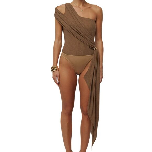JLuxLabel Chocolate Lovina Drape Bodysuit Large NWT